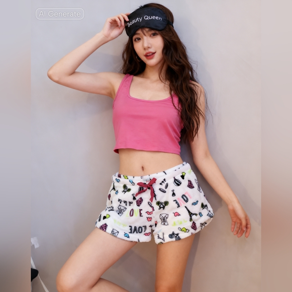Pink Tank Top and White Printed Shorts Set